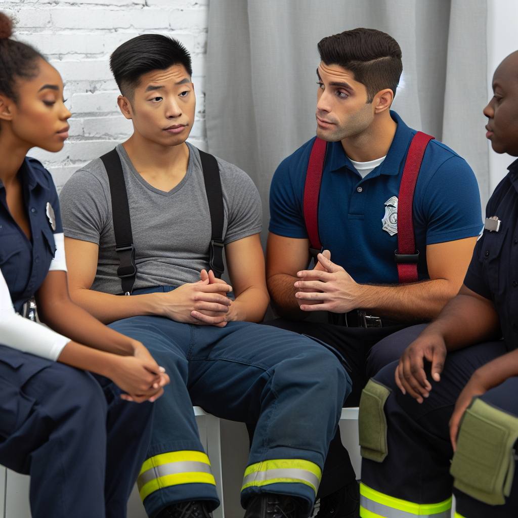 A diverse group of first responders engaged in a c