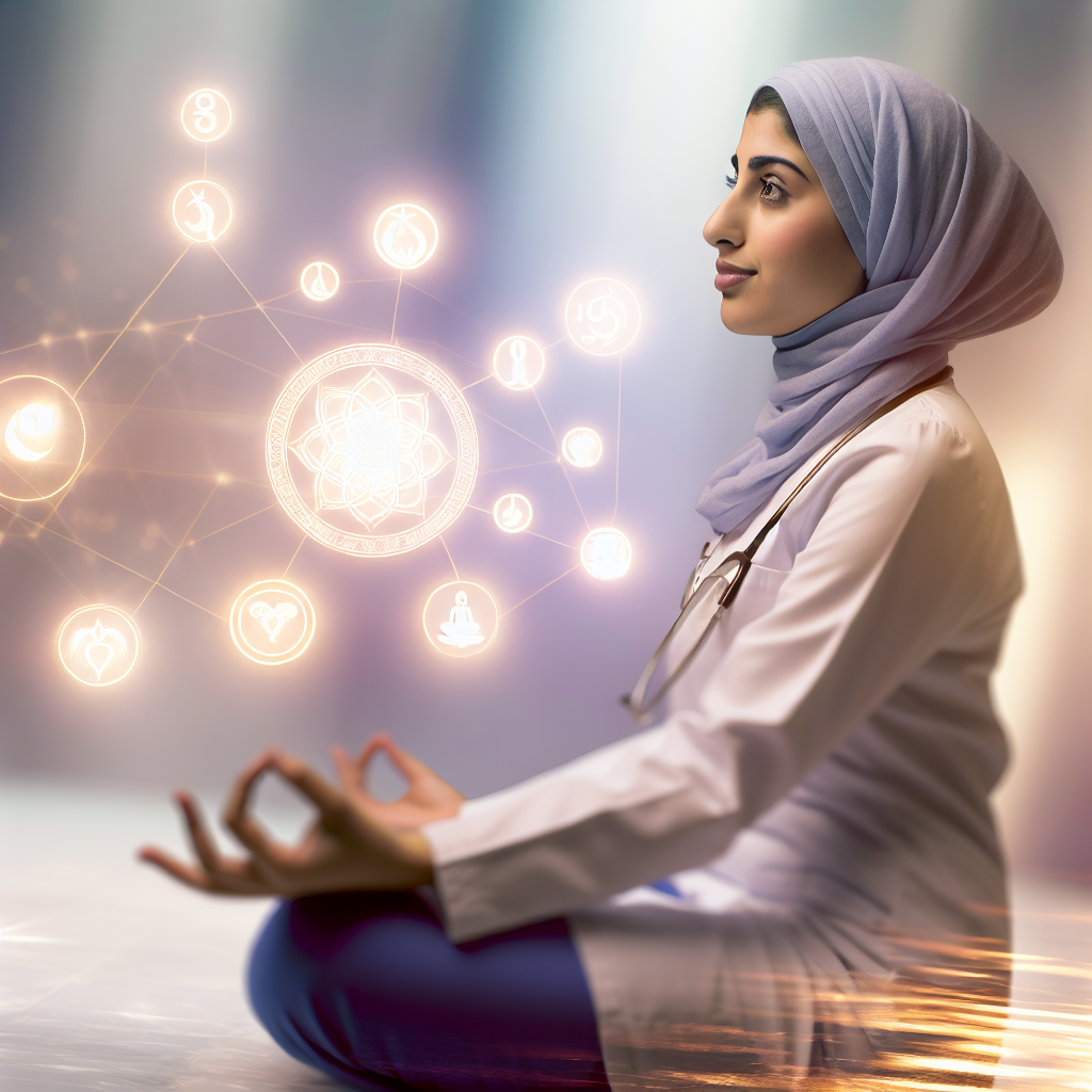 A serene healthcare worker meditating amidst glowi