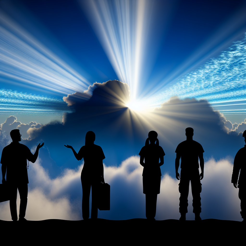 A serene sunrise breaking through dense clouds, sy